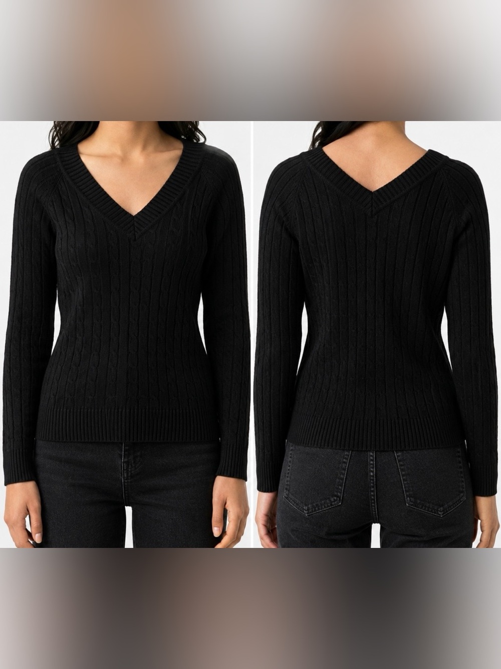 Faded Glory Black Cable-Knit V-Neck Sweater